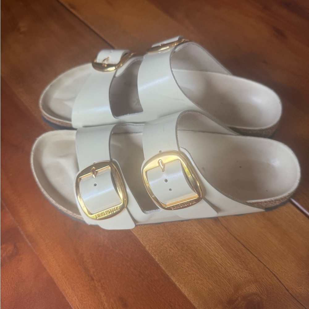 Birkenstock Cream Sandals with Gold Buckles